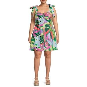 Terra & Sky Plus Size Tropical Button Front Tie Shoulder Dress (3X)